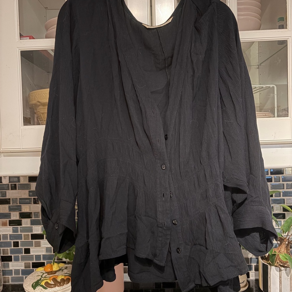 eShakti Black Flowing Button-Up Blouse. T21